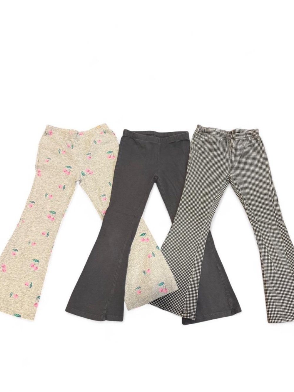 Kids Flared Pants Trio – Pink Floral, Charcoal, Black/White Plaid
